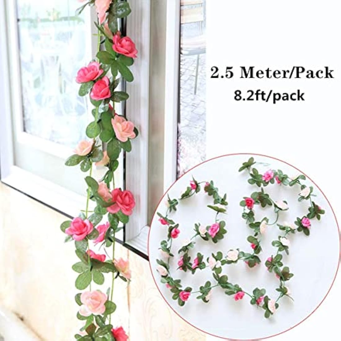 2 Pack Artificial Rose Flower Garland Fake Rose,8.2 ft /2.5m Flower Vine Artificial Flower Hanging Rose Garlands for Home Hotel Office Wedding Party Garden Craft Art Decor