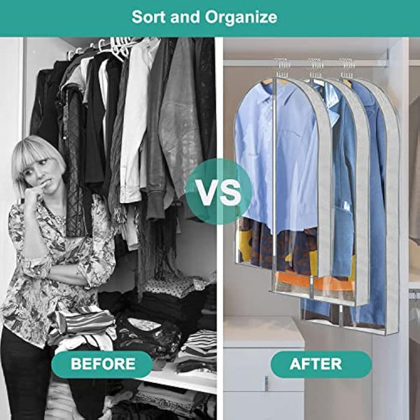 ZSURLUX Garment Bags for Clothes 60 x 100cm 4Pack, Moth Proof Clothes Covers with Zip, Hanging Storage Protector Bags for Wardrobe, Travel, Suitable for Suit, Coat, Jackets, Jumpers,etc. Grey