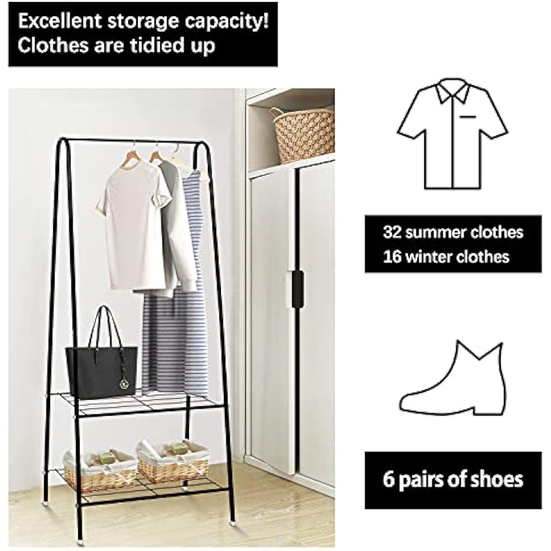 HOFLERA Clothes Rail Stand Garment Coat Rack with Metal Shelf, Frame for Bedroom, Saving Space Clothes Rail,1.5m(Black)