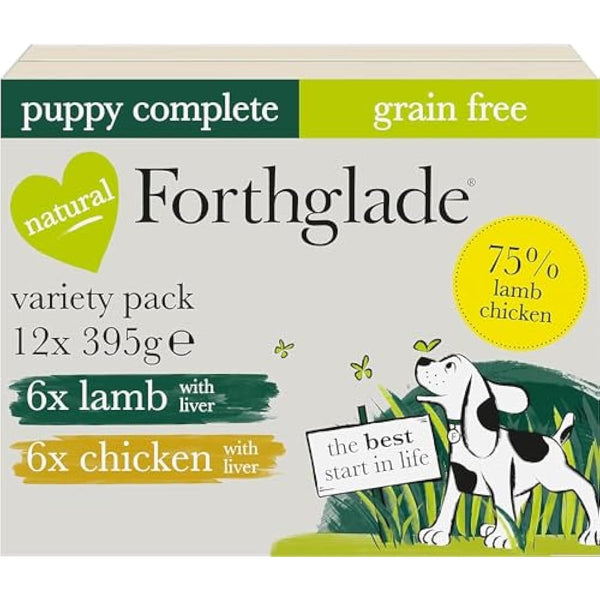 Forthglade Wet Puppy Food Variety Pack (12 x 395g Trays) - Grain Free & Hypoallergenic Dog Food, Lamb with Liver and Chicken with Liver, Complete Meals for Puppies 2-12 Months