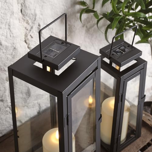 Lights4fun Set of 2 Outdoor Garden Solar Powered Black Metal Decorative TruGlow® LED Candle Lanterns Lights IP44 Waterproof