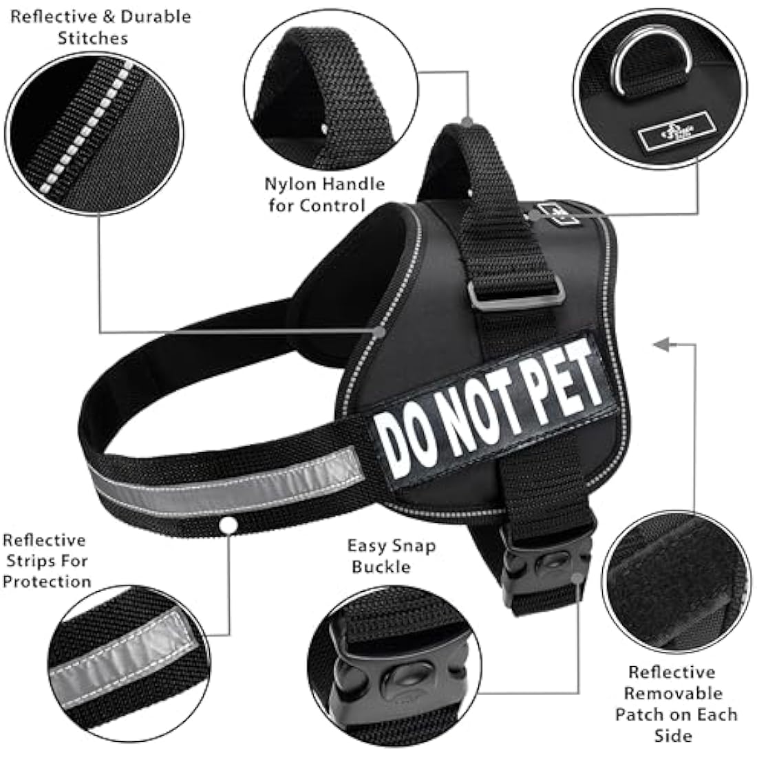 DO NOT PET Dog Vest Harness with Removable Patches and Reflective Trim. Comes with 2 DO NOT PET Reflective Removable Patches. Please Measure Dogs Girth Before Purchase