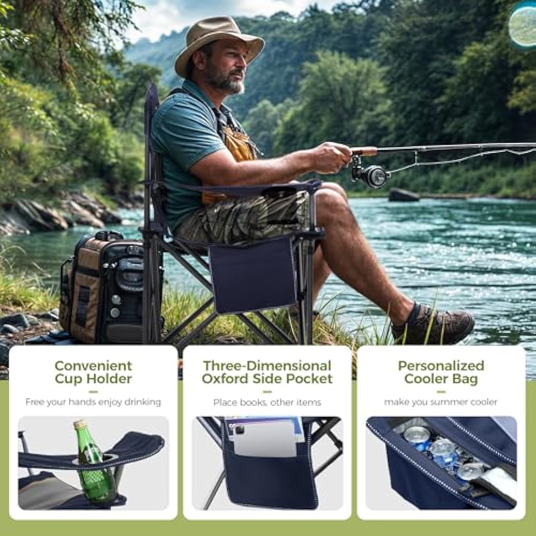 ALPHA CAMP Camping Chairs for Adults Heavy Duty Camping Chair Up to 200 kg Folding Camp Chair with Cup Holder and Cooler Bag for Outdoor Picnic Fishing, Lightweight and Portable, Blue