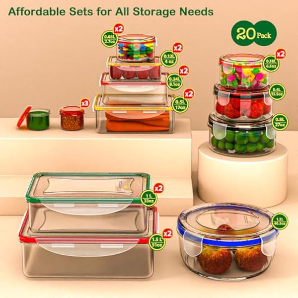 40 Pcs Food Storage Containers with Lids Airtight-(20 Stackable Boxes-20 Lids) Plastic Meal Prep Container for Pantry Kitchen Organization, Microwave, Dishwasher, Freezer Safe -100% Leak Proof