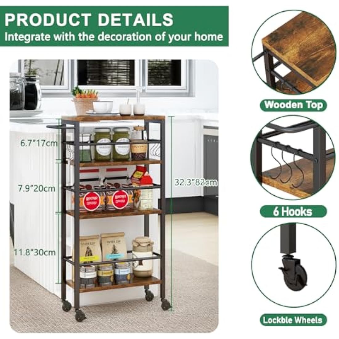 IBUYKE Slim Rolling Cart,4-Tier Metal Kitchen Storage Trolley,Trolley cart on Wheels for Narrow Space,with Handle and Wooden Tabletop,for Kitchen, Dining Room,Laundry Room,Rustic Brown TMJ065H