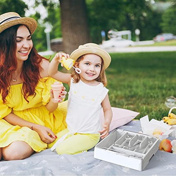 Double Layer Flatware Organizer with Lid, Cutlery Tray for Countertop Silverware Tray for Kitchen Drawers with 2 Tier Utensil Holder and 9 Compartments Silverware Storage Bin (White)