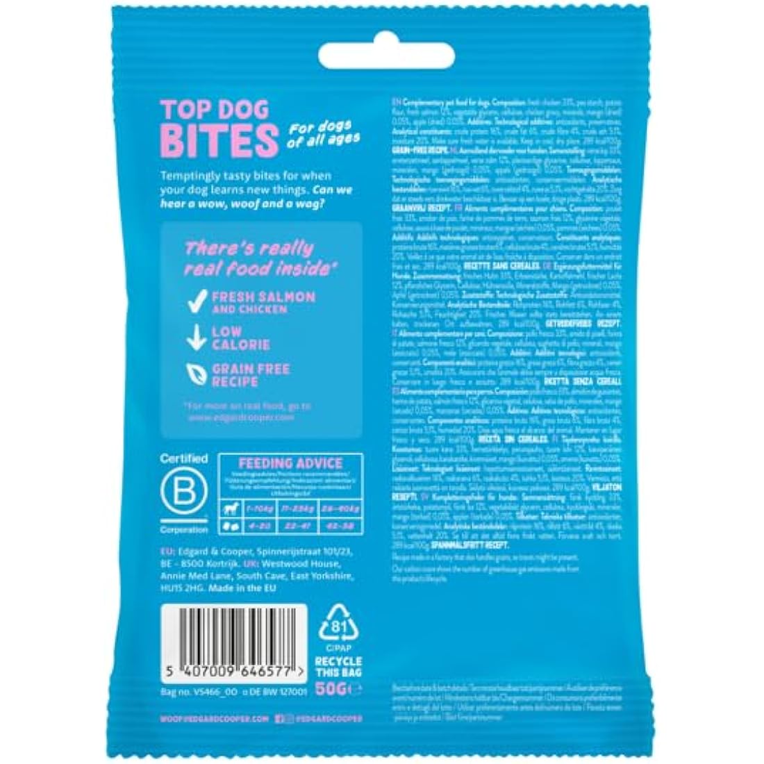 Edgard Cooper Natural Dog Treats - Salmon and Chicken Top Dog Bites (Small) - (15 x 50g bag), Grain Free, High in Protein & fresh meat, full of essential amino acids for healthy insides