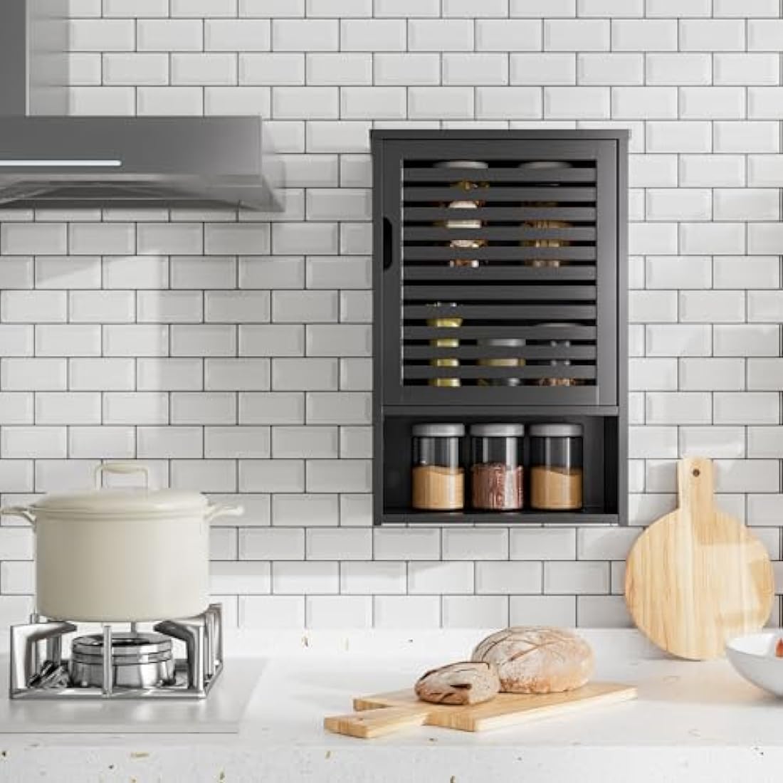 HITNET Bathroom Storage Cabinet Wall Mounted, Hanging Medicine Cabinet with Adjustable Shelf, Over the Toilet Space Saver Organizer, Black Bamboo Kitchen Cupboard, Single Door