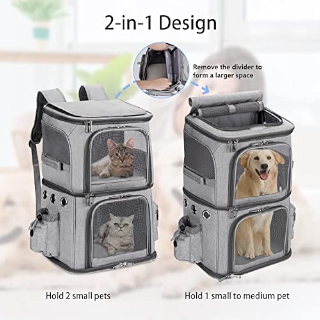 FASNATI Double-Compartment Pet Carrier Backpack, Cat Carrier Backpack for 2 Small Cats, Dogs and Rabbits, Perfect for Traveling/Hiking/Camping, Grey