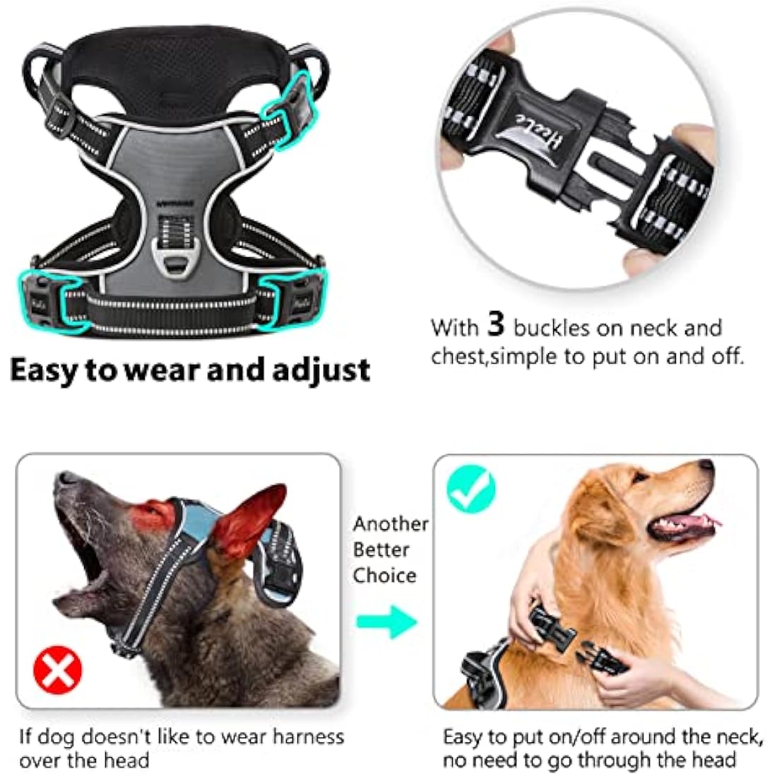 HEELE No Pull Dog Harness - Large, Reflective, Adjustable with Front & Back Leash Attachments & Soft Padded Control Handle - Grey, L