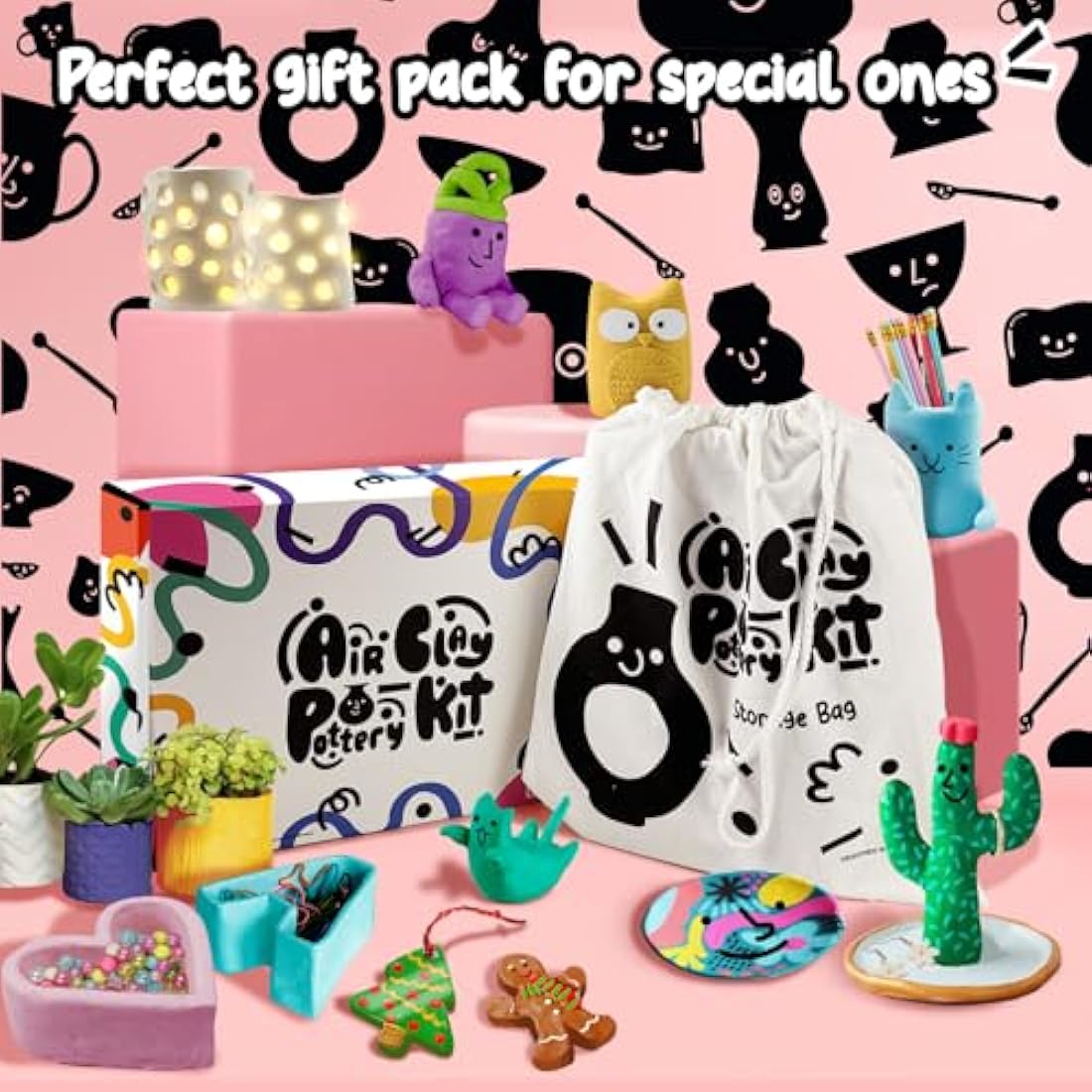 Air Dry DIY Clay Pottery Kit for Beginners & Adults, Sculpting Tools Set & Step-by-Step Guide 12 Paints Paintbrush Varnish Sponge Teen Birthday Gift