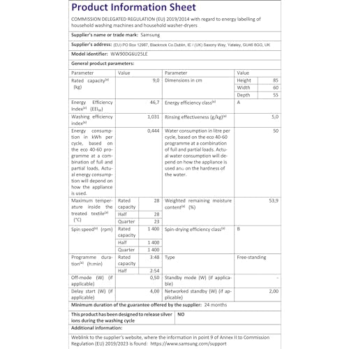 Samsung Series 6 AI Energy Washing Machine, 9kg, 1400rpm, White, WW90DG6U25LEU1