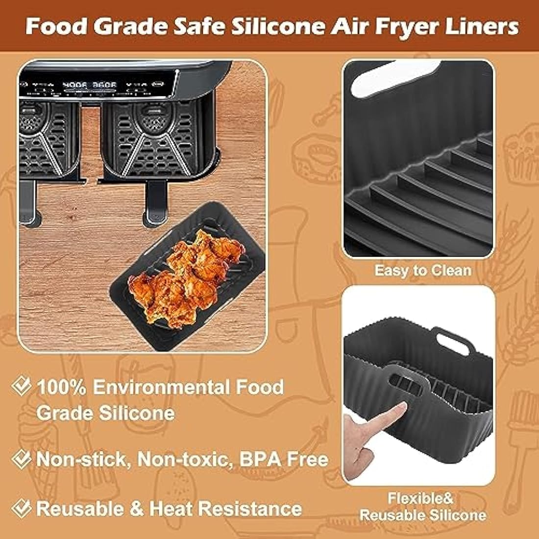 Air Fryer Liners for Ninja Dual Pack of 2, Reusable Silicone Air Fryer Liners for AF400UK F300UK T17088 & Tower, Ninja Air Fryer Accessories, Silicone Liner Pot Basket 7.6-9.5L
