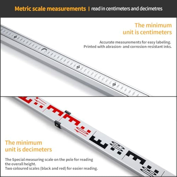 Firecore Levelling Staff, Telescopic Levelling Staff 3m, Aluminium Measuring rods for Cross line Lasers and Rotating Lasers, Measuring Staff with Spirit Bubble, 3m Length in 3 Sections, mm/dm Scale
