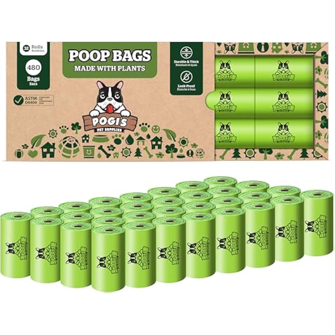 Pogi's Compostable Dog Poo Bags – Leak-Proof, Extra-Large, Made with Plants – 32 Rolls (480 Bags)