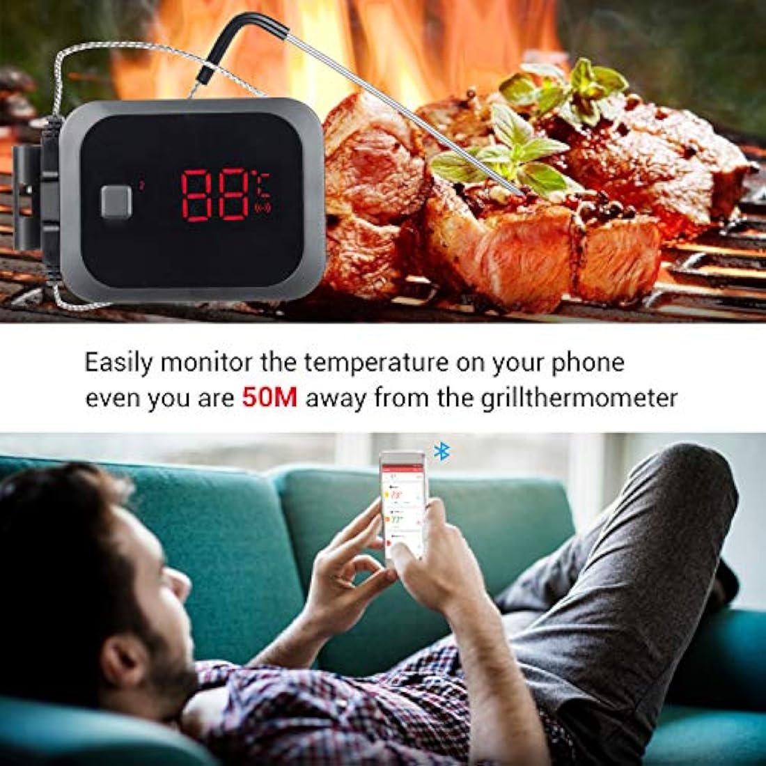 INKBIRD IBT-2X Bluetooth Cooking Thermometer Wireless Barbecue BBQ Grill Monitor Steel Probe Temperature Alarm Portable Android & iOs for Oven Meat Smoker