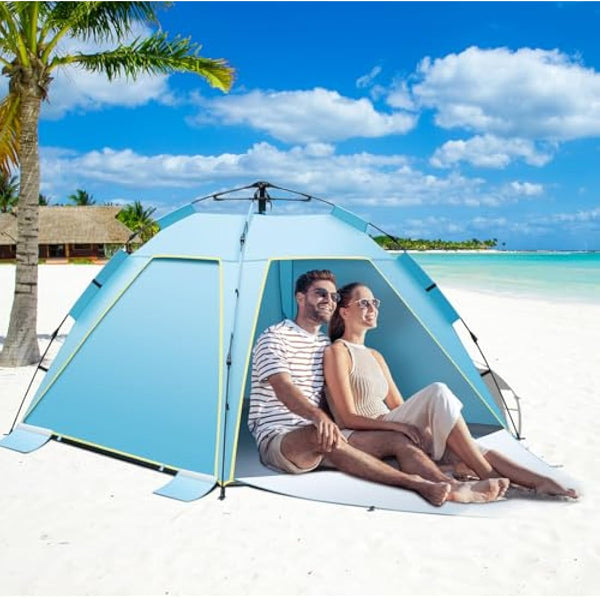 3-4 Person Instant Pop Up Automatic Beach Tent, Extra Large Portable Ventilated Sun Shelter with 3 expandable Door, Easy Setup Lightweight Sun Shade for Picnic,Beach,Garden