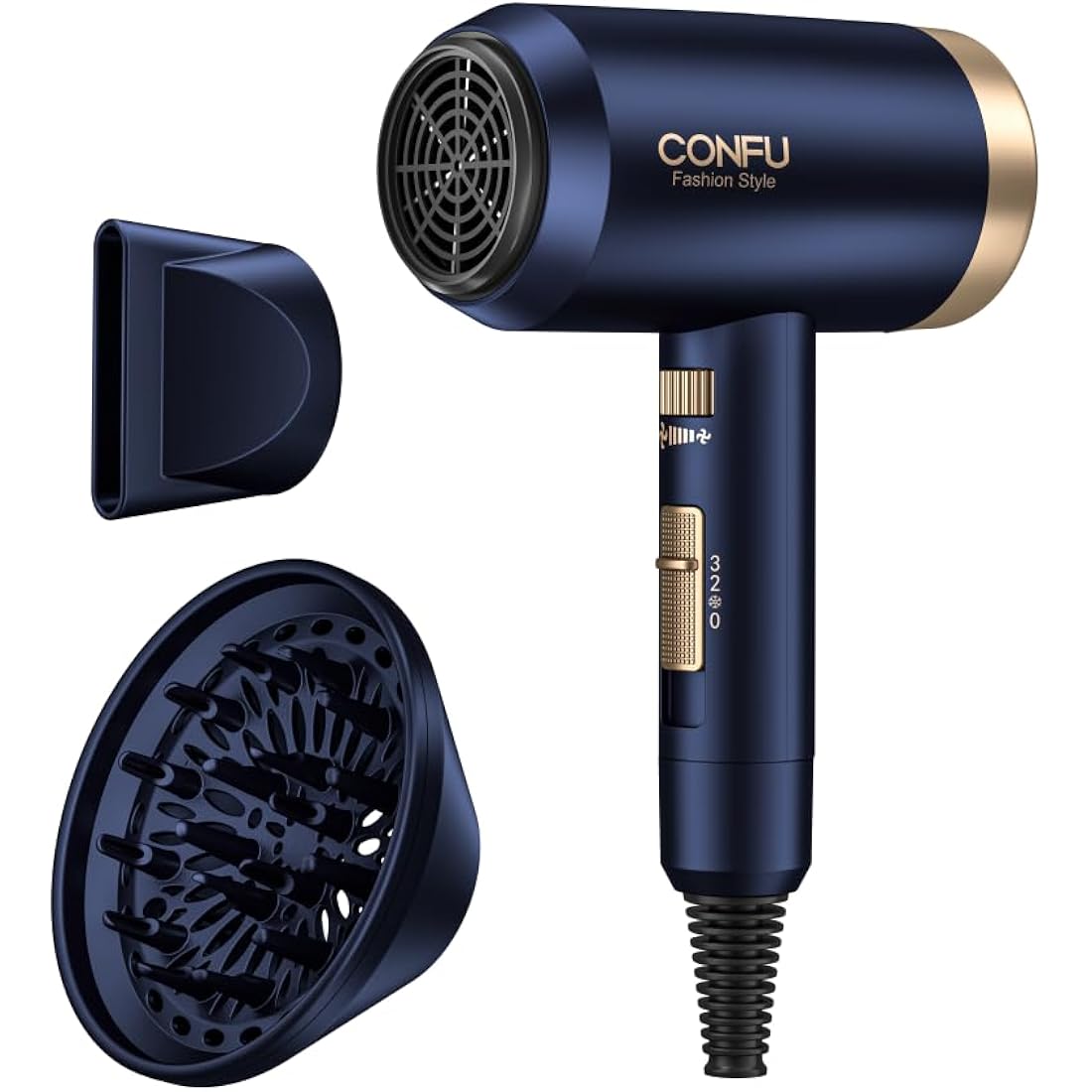 CONFU 1800W Hair Dryer, Ionic Hair Blow Dryer, Lightweight Hair Dryers with Cool Shot Button & Diffuser & Concentrator for Travel Salon Home Use, Dark Blue (Blue)