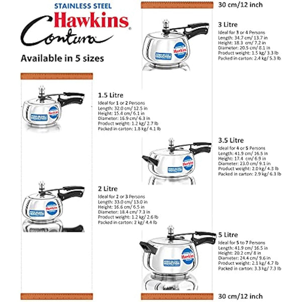 Hawkins Contura 3.5 Litre Pressure Cooker, Stainless Steel Cooker, Handi Cooker, Induction Cooker, Silver (SSC35)