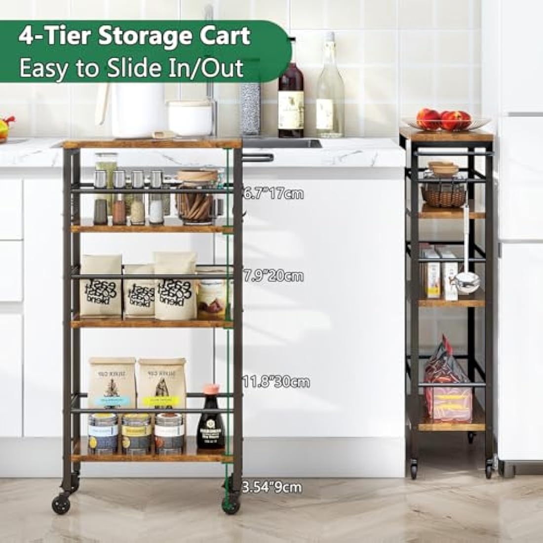 IBUYKE Slim Rolling Cart,4-Tier Metal Kitchen Storage Trolley,Trolley cart on Wheels for Narrow Space,with Handle and Wooden Tabletop,for Kitchen, Dining Room,Laundry Room,Rustic Brown TMJ065H