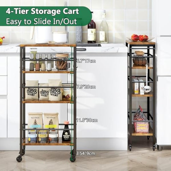 IBUYKE Slim Rolling Cart,4-Tier Metal Kitchen Storage Trolley,Trolley cart on Wheels for Narrow Space,with Handle and Wooden Tabletop,for Kitchen, Dining Room,Laundry Room,Rustic Brown TMJ065H