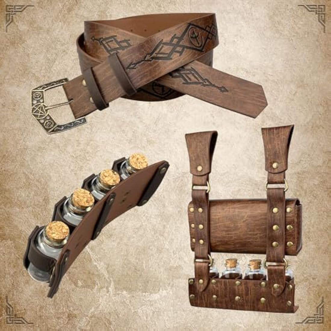 EpicCos 3 PCs Medieval Alchemy Belt Waist Pack Combo with Multiple Potion Bottles, Viking Rivet Belt Side Pouch for Cosplay (Brown C)