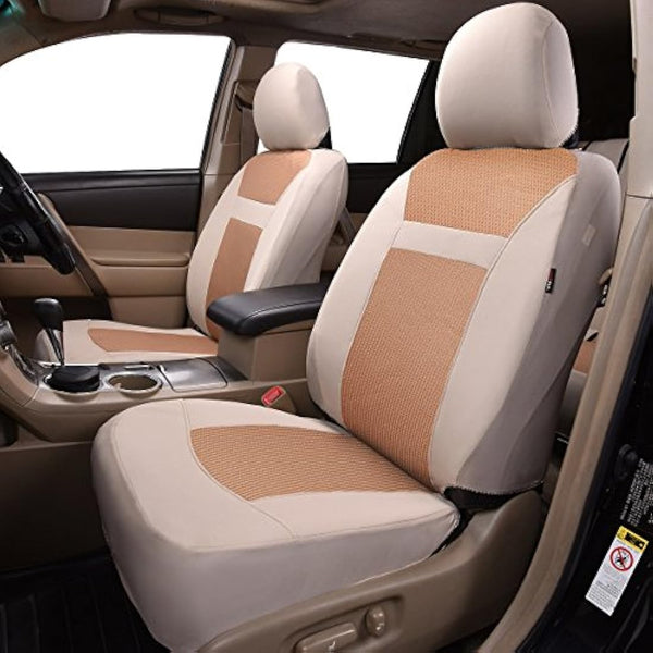 Flying Banner Breathable Jacquard Car Seat Covers Full Set Universal Fit Airbag Compatible Protector (Beige)