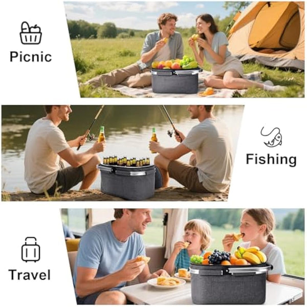 ALLCAMP Cool Bag - Insulated Shopping Basket with Lid, Ice Box Cooler,Removable Picnic Basket for 4 People, Thick Thermal Basket with Aluminum Frame (Large Gray)
