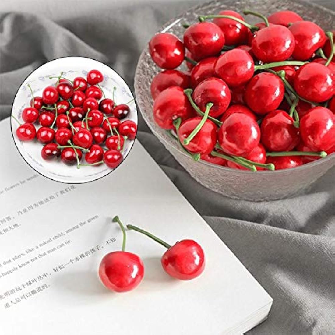 50 Pcs Fake Cherry Artificial Fruits Model Fruit Vase Filler Food Toy Fruit Model Photography for Christmas Party & Room Decoration