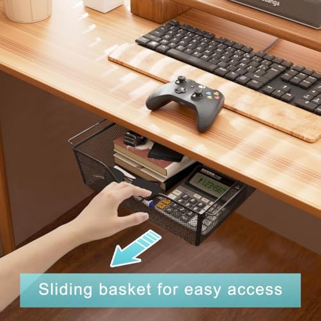 2 Pack Pull Out Basket Storage Under Shelf , Under Cabinet Hanging Drawer, Metal Wire Mesh Storage Basket Organizer for Kitchen, Office, Wardrobes, Cupboard Storage Black