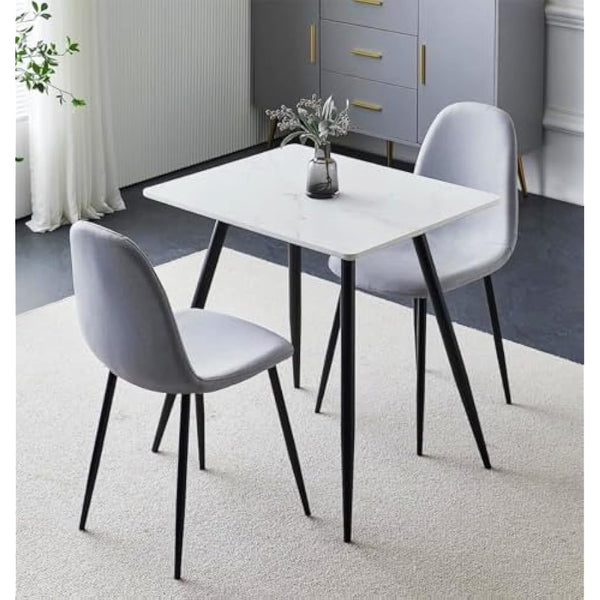Hallowood Furniture Cullompton Small Dining Table and Chairs Set 2, (0.8m) White Marble Effect Top Kitchen Table and Chairs in Grey Fabric Upholstery and Metal Legs, Dining Room Sets for Home & Café