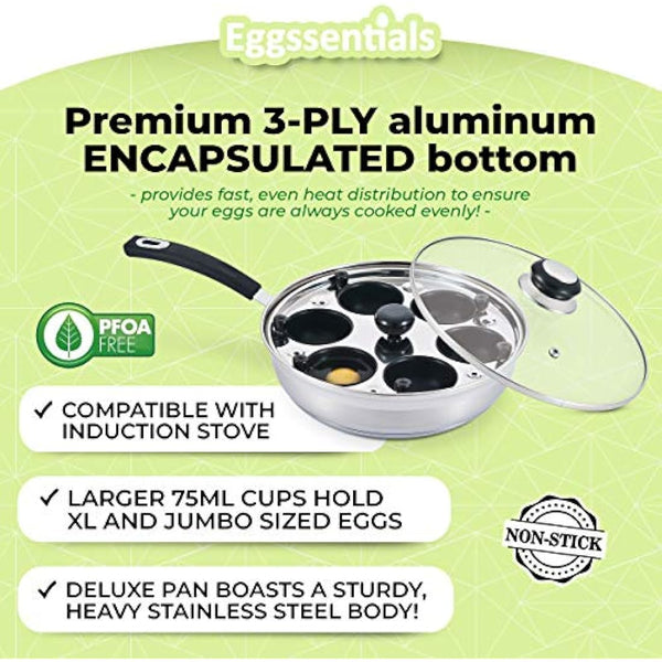 Eggssentials Poached Egg Maker - Nonstick 6 Egg Poaching Cups - Stainless Steel Egg Poacher Pan Food Grade Safe PFOA Free with Bonus Spatula