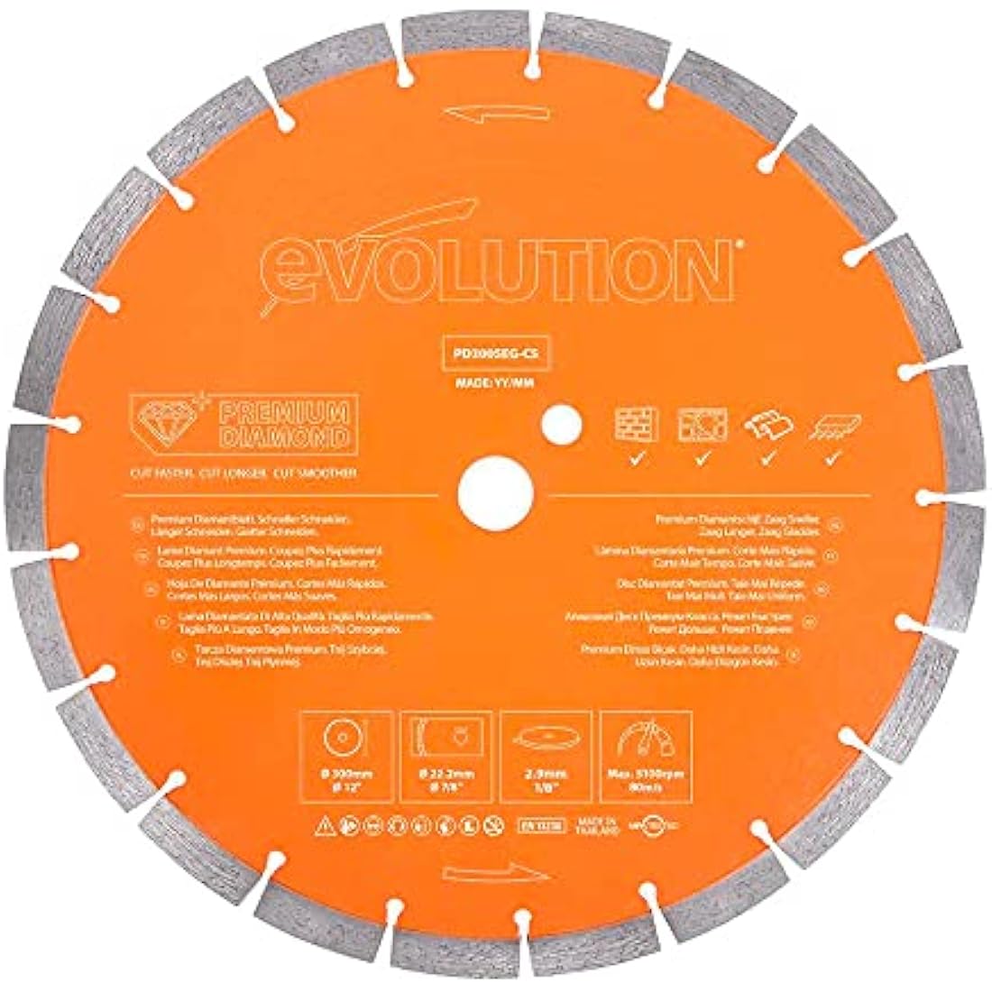 Evolution Power Tools PD300SEG-CS Premium Multi Material Diamond Blade For Disc Cutters - Longer Blade Life - Ideal for Cutting Brick, Roof Tile, Paving, Reinforced Concrete and More, 300mm