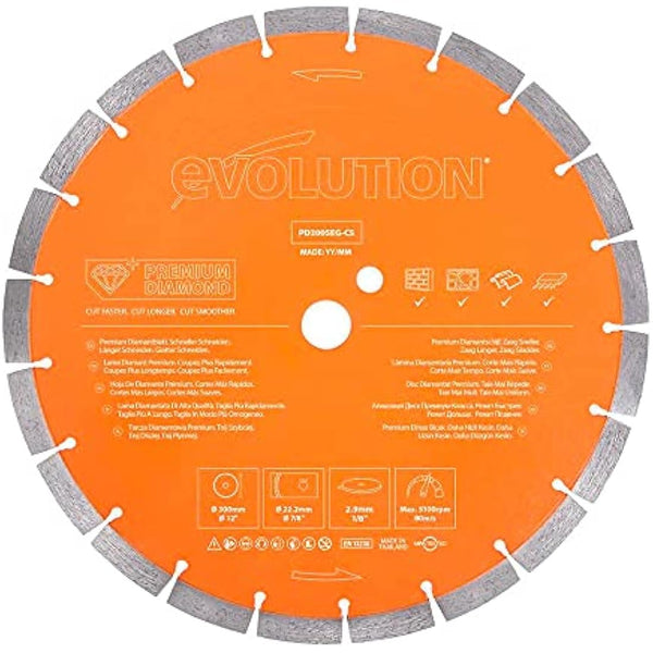 Evolution Power Tools PD300SEG-CS Premium Multi Material Diamond Blade For Disc Cutters - Longer Blade Life - Ideal for Cutting Brick, Roof Tile, Paving, Reinforced Concrete and More, 300mm