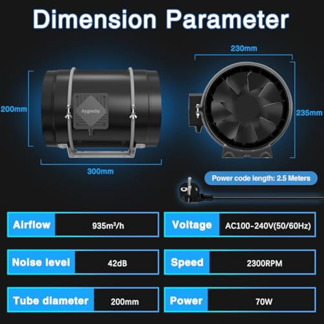 Aygrochy Quiet 8” Inline Duct Fan with 0-100% Variable Speed Controller - Ventilation Exhaust Fan Using for Heating Cooling Booster, Grow Tents, Hydroponics,Home use Ventilation and Exhaust Blower.