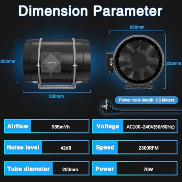Aygrochy Quiet 8” Inline Duct Fan with 0-100% Variable Speed Controller - Ventilation Exhaust Fan Using for Heating Cooling Booster, Grow Tents, Hydroponics,Home use Ventilation and Exhaust Blower.
