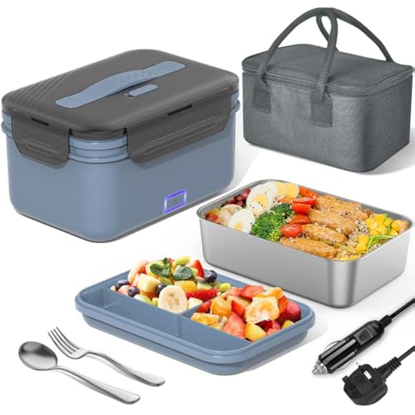 Herrfilk 100W Electric Lunch Box Adults, 1.8L Thermal Lunch Box with Compartments, Heated Lunchbox with 230V Home/Office & 12V 24V Car/Truck Cables, Insulated Lunch Bag, Spoon and Fork, Dark Blue