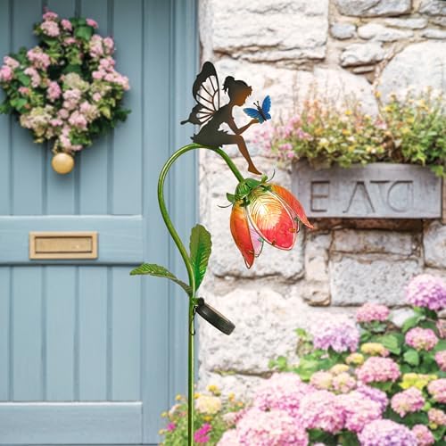 TERESA'S COLLECTIONS Large Garden Ornaments Outdoor, Gifts for Women, Lovely Sitting Fairy & Flower Solar Garden Light, Glass Fairy & Tulip Solar Light Decoration for Lawn Yard, 42inch