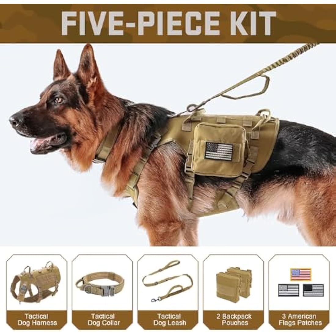 Forestpaw Tactical Dog Vest Harness & Military Dog Collar w/ Bungee Leash Set - No Pull Control - Backpack - Coyote Brown M/L