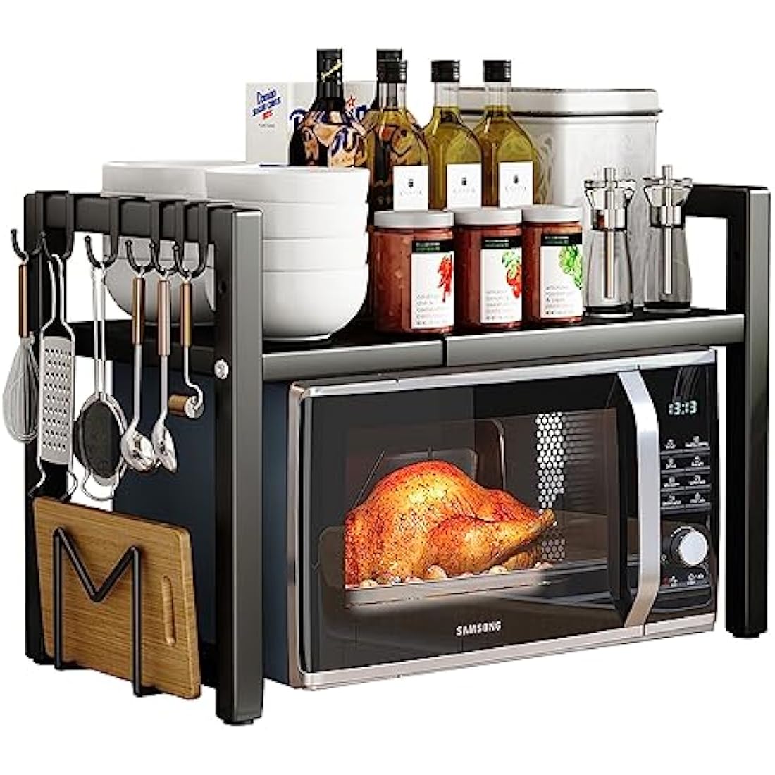 Expandable Microwave Oven Rack 2Tier microwave shelf,with 6 hooks Adjustable Carbon Steel Microwave Shelf,Kitchen Counter Organizer Shelf Stand,Pot Pan Grill Storage Racks, Width 40-64cm Black