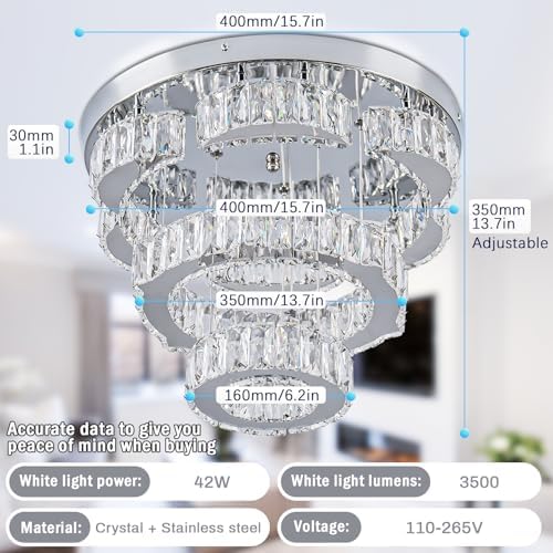 FRIXCHUR 15.7" Modern Crystal Chandelier Flower LED Flush Mount Ceiling Light 2 Rings Pendant Lights Chandeliers for Living Room Dining Room Bedroom (Cool White)