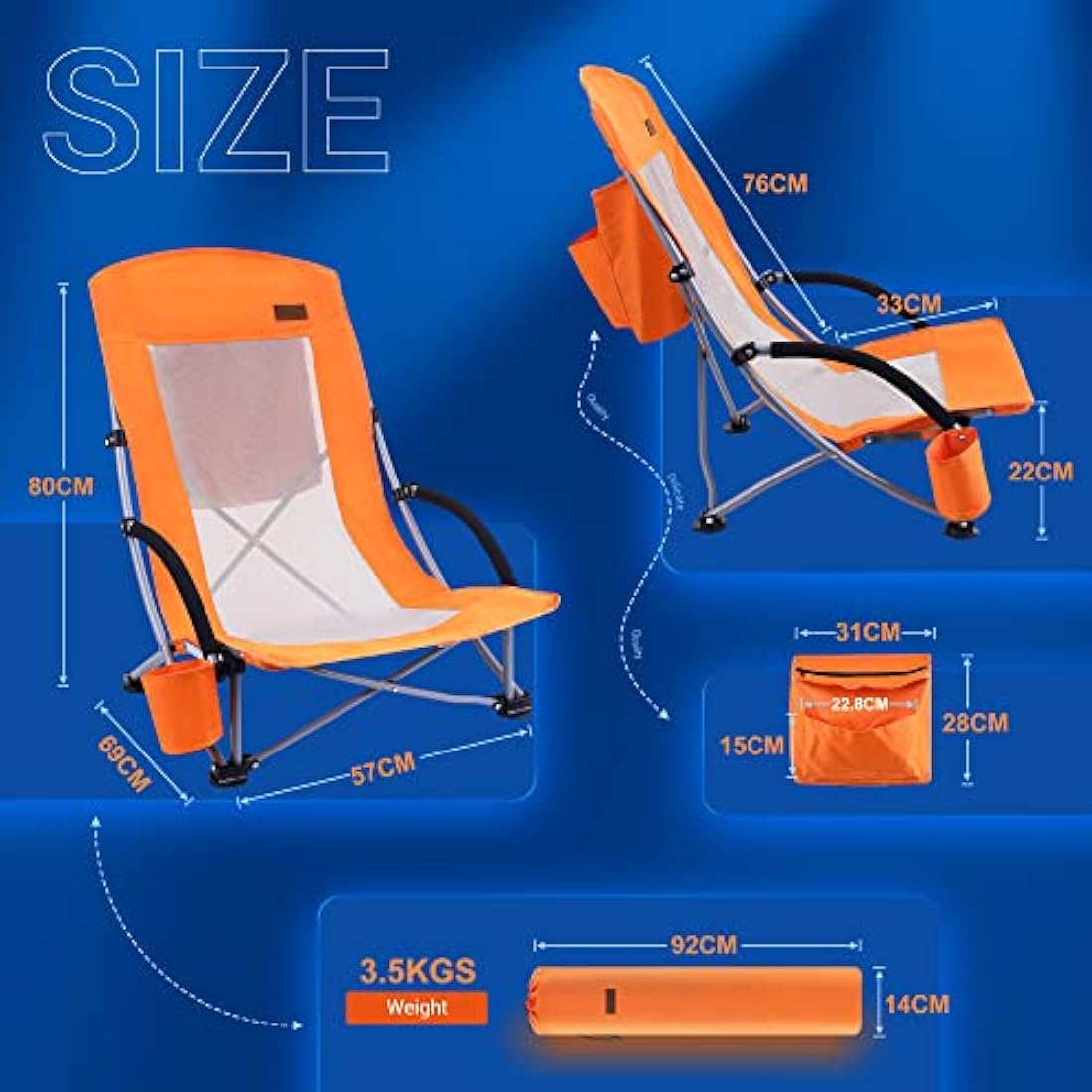 Nice C Beach Camping Chair, Folding Chair w/Cooler High Back, Ultralight Chair with Cup Holder & Carry Bag Compact & Heavy Duty Outdoor, Camping, BBQ, Beach, Travel, Picnic, Festival (1 Of Orange)