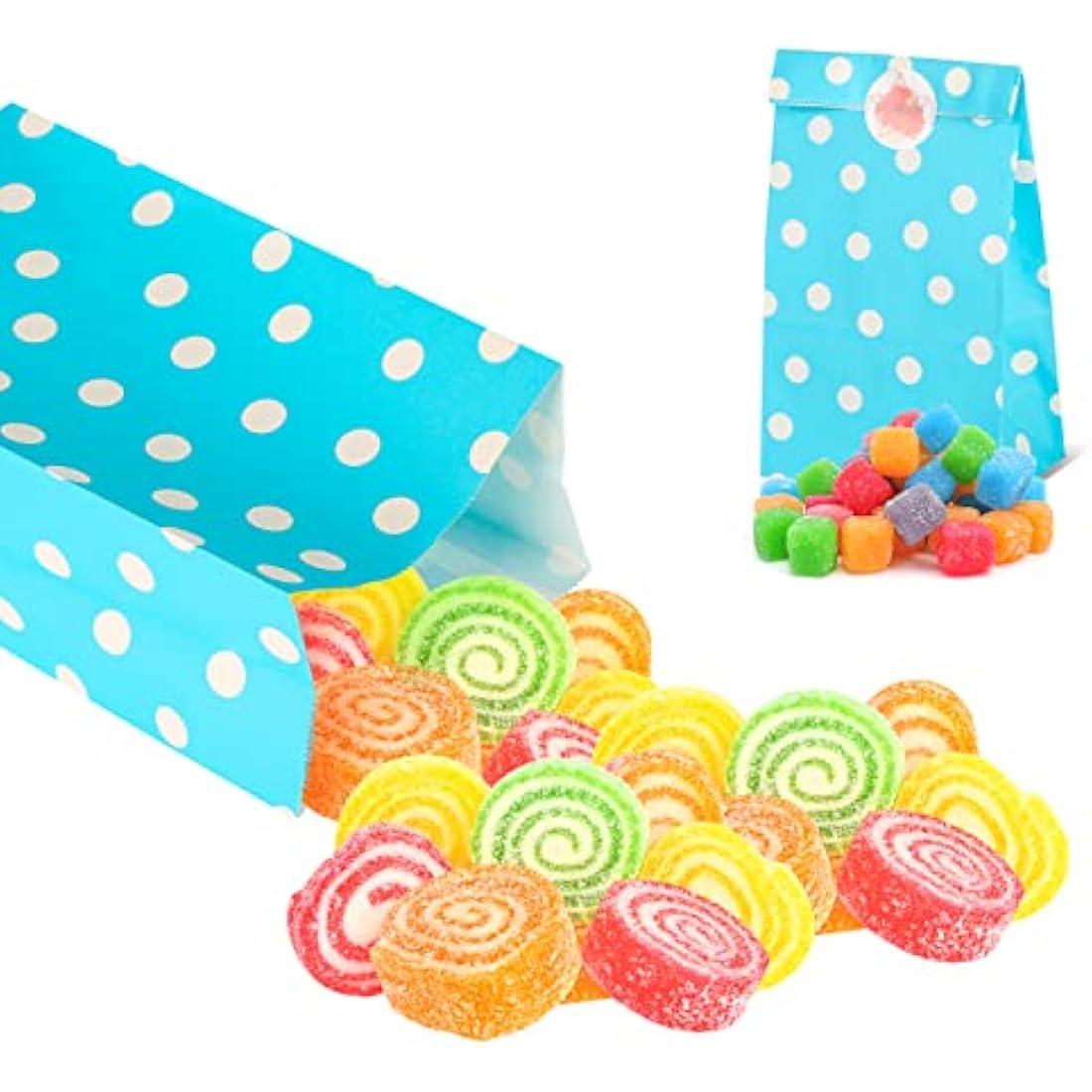 50 PCS Paper Party Bags for Kids, TOOELMON Dots Kraft Paper Gift Bags Candy Goodie Treat Bags with 60 PCS Stickers for Birthday, Picnic, Wedding Parties (130 * 80 * 240mm, Round Dot-50pcs)