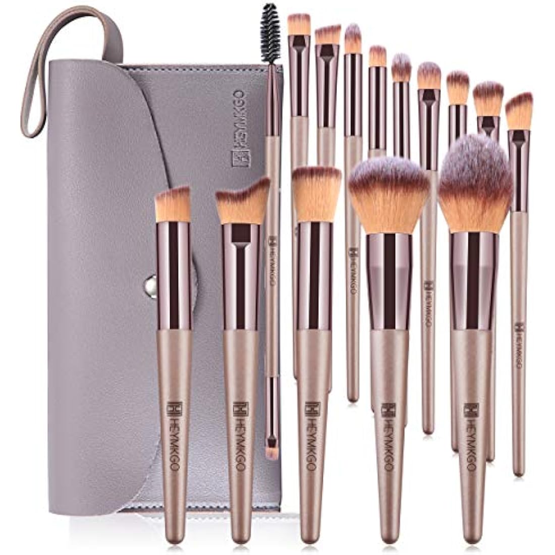 HEYMKGO Makeup Brushes, 15 Pcs Make Up Brushes Set Professional Champagne Gold Makeup Brush Pack, Foundation Blending Powder Blush Concealers Eyeshadow Eyeliner Make-up Brush Kits with Cosmetics Bag
