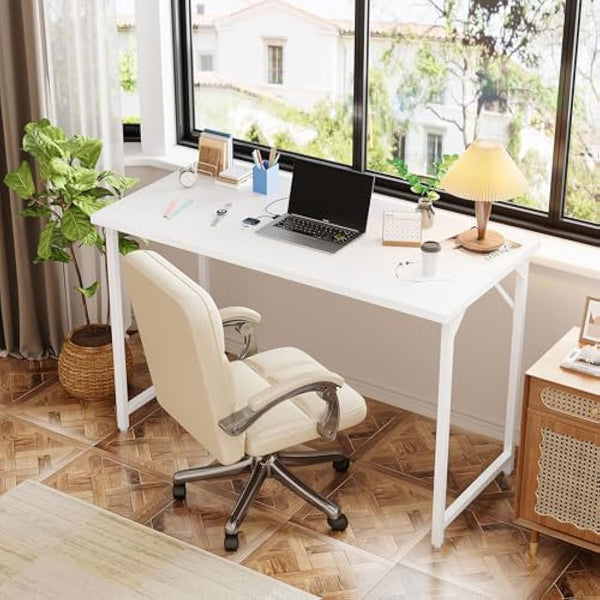 Grandder 100 cm Computer Desk, Small Home Office Desk Study Writing Kid Table, Simple PC Work Desk, Adjustable Feet, White