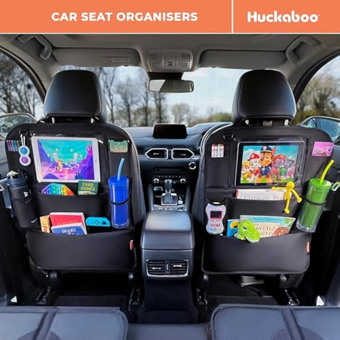 Huckaboo Car Seat Organiser - Kids Back Seat Organiser, Storage Pockets, Screen Holder, Black, 2 Pack