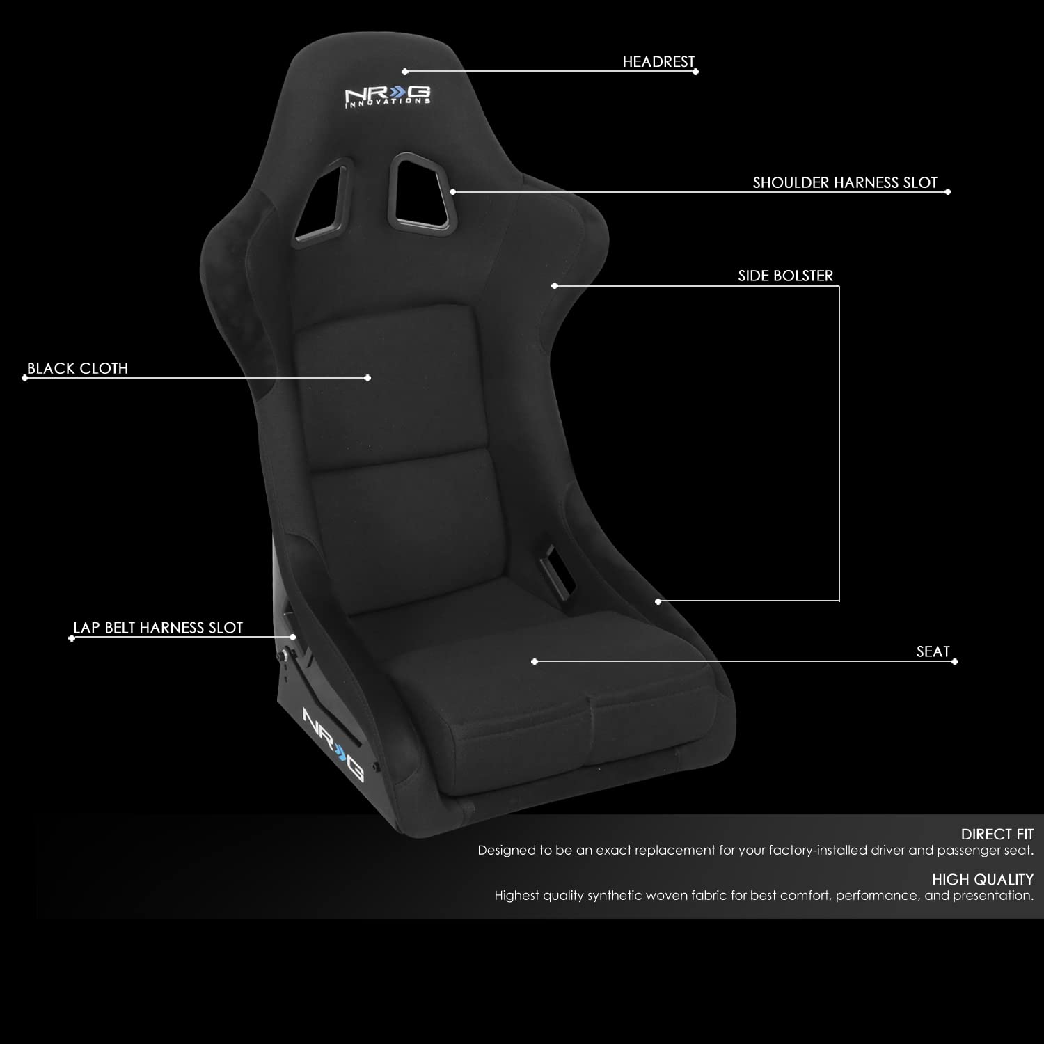 NRG Innovations Fixed Back Sport Bucket Seat - FRP Fiber Glass - Large - Part # FRP-300 Black