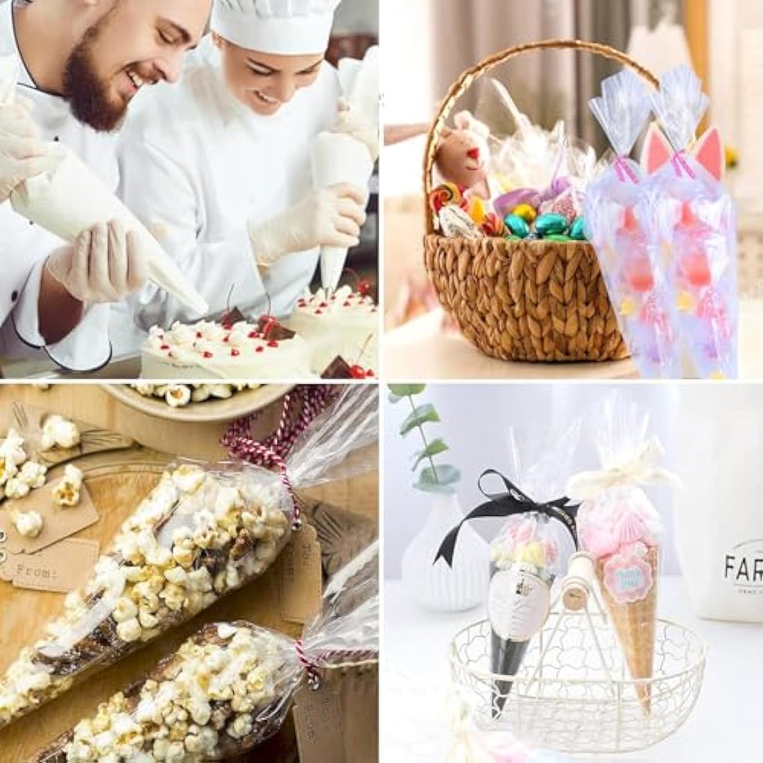 FOLKSNSHOPS 200pcs Sweet Cone Bags 32x18cm Clear Cone Bags, Sweet Bags, Cellophane Cone Bags with Ties for Party Supplies, Sweets, Biscuits Displaying & Wrapping on Birthday Parties and Festivals