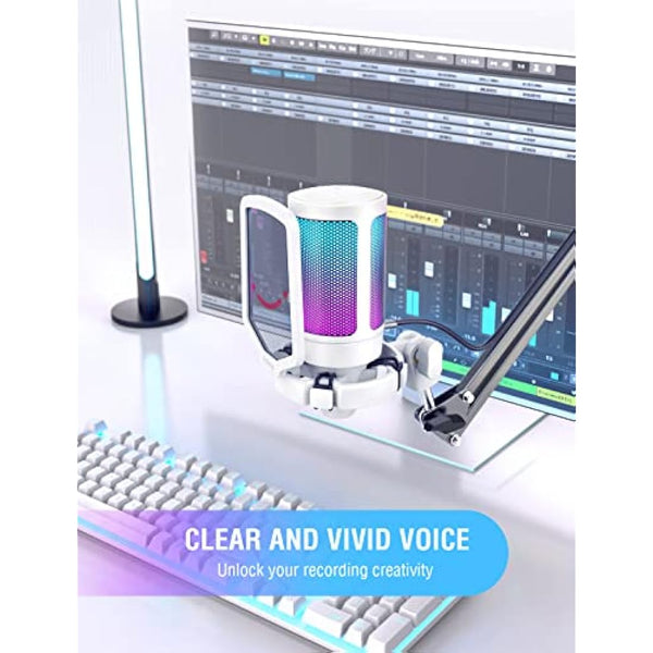 FIFINE USB Microphone for Gaming Streaming, PC Computer Desktop RGB Mic with Condenser Cardioid Capsule, Gain Knob, Shock Mount, Stand for Home Use, Online Meeting on Mac OS, Windows-A6V White