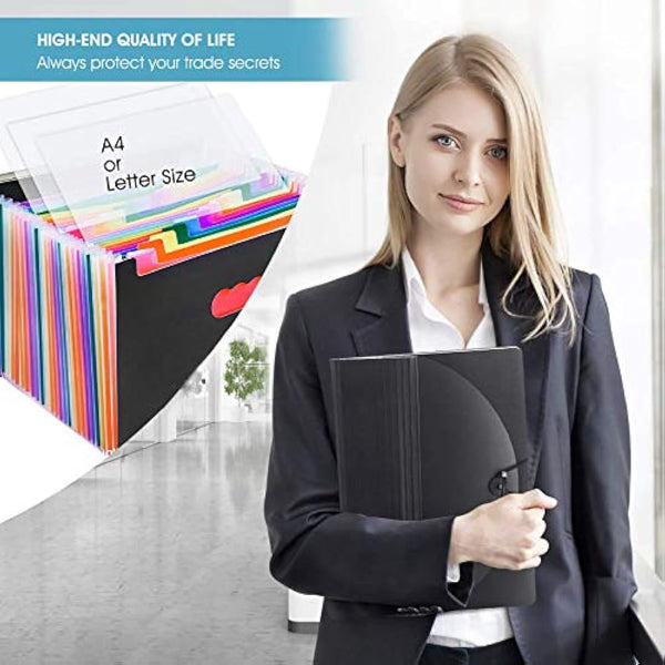 File Organiser, A4 Document Organiser 24 Pockets, Twill Expanding Accordion Filing Folders, File Storage Box with Lid, Labels and Clips (Black-C)